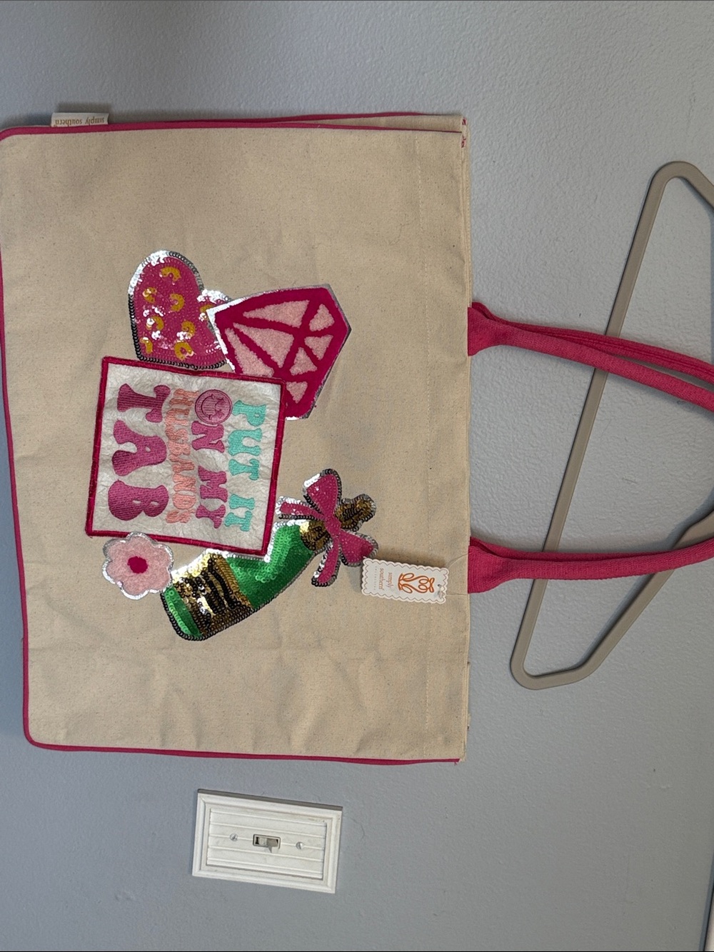NWT Simply Southern Natural Canvas Tote with Pink Handles and Green Sequin Patch